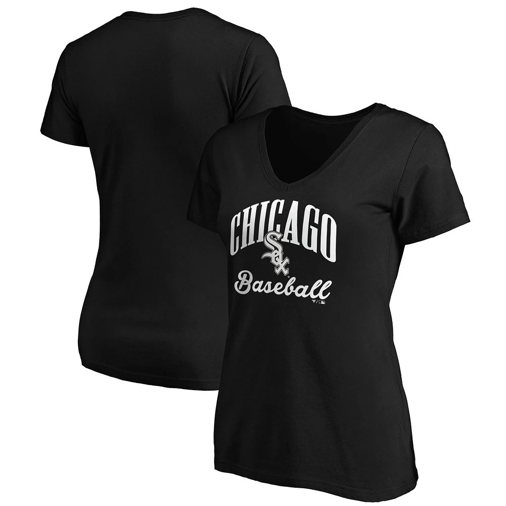 T-shirt noir à col en V Fanatics pour femmes Chicago White Sox Victory Script