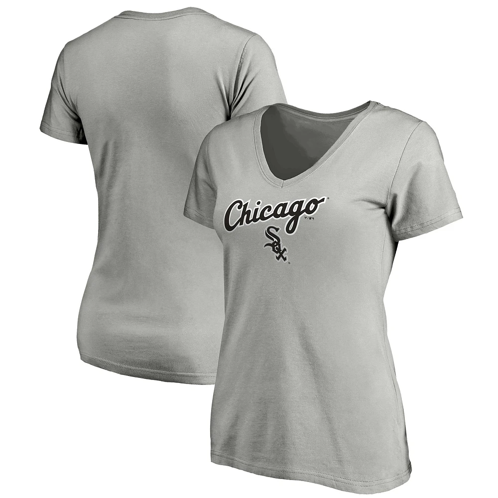 T-shirt à col en V avec logo de l'équipe des Chicago White Sox Fanatics gris chiné pour femmes