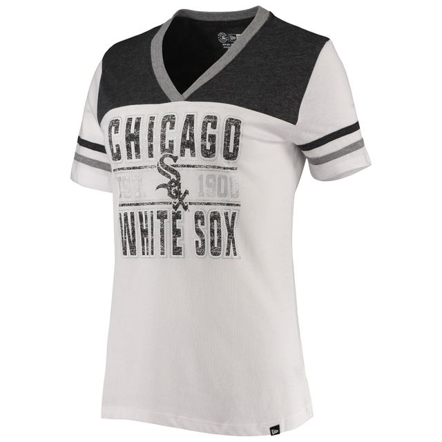 T-shirt à col en V Chicago White Sox colorblock New Era pour femme, blanc/noir chiné