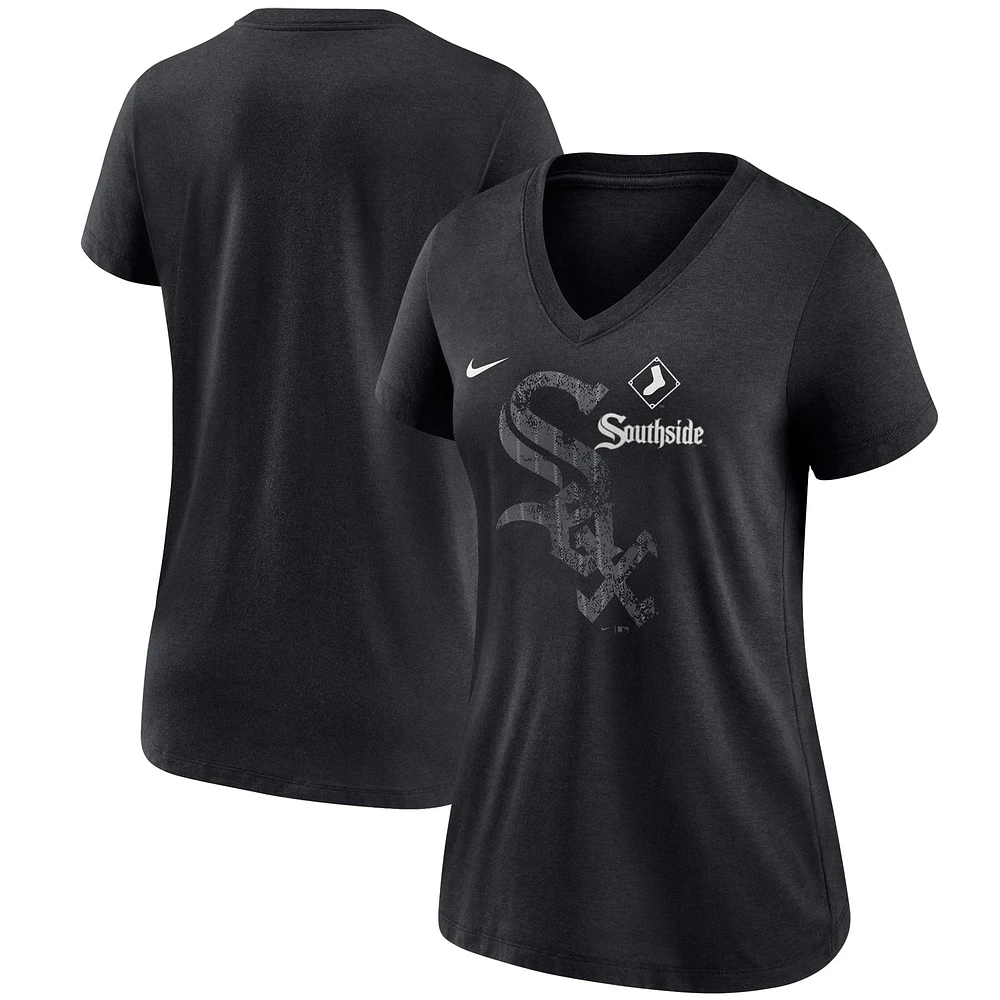 T-shirt à col en V trois mélanges Nike Chicago White Sox City Connect pour femme, noir