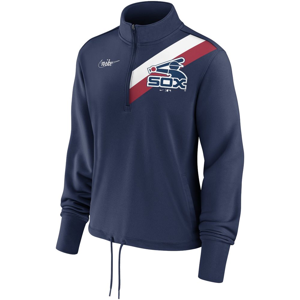 Women's Nike Navy Chicago White Sox 1981-85 Cooperstown Collection Rewind Stripe Performance Half-Zip Pullover