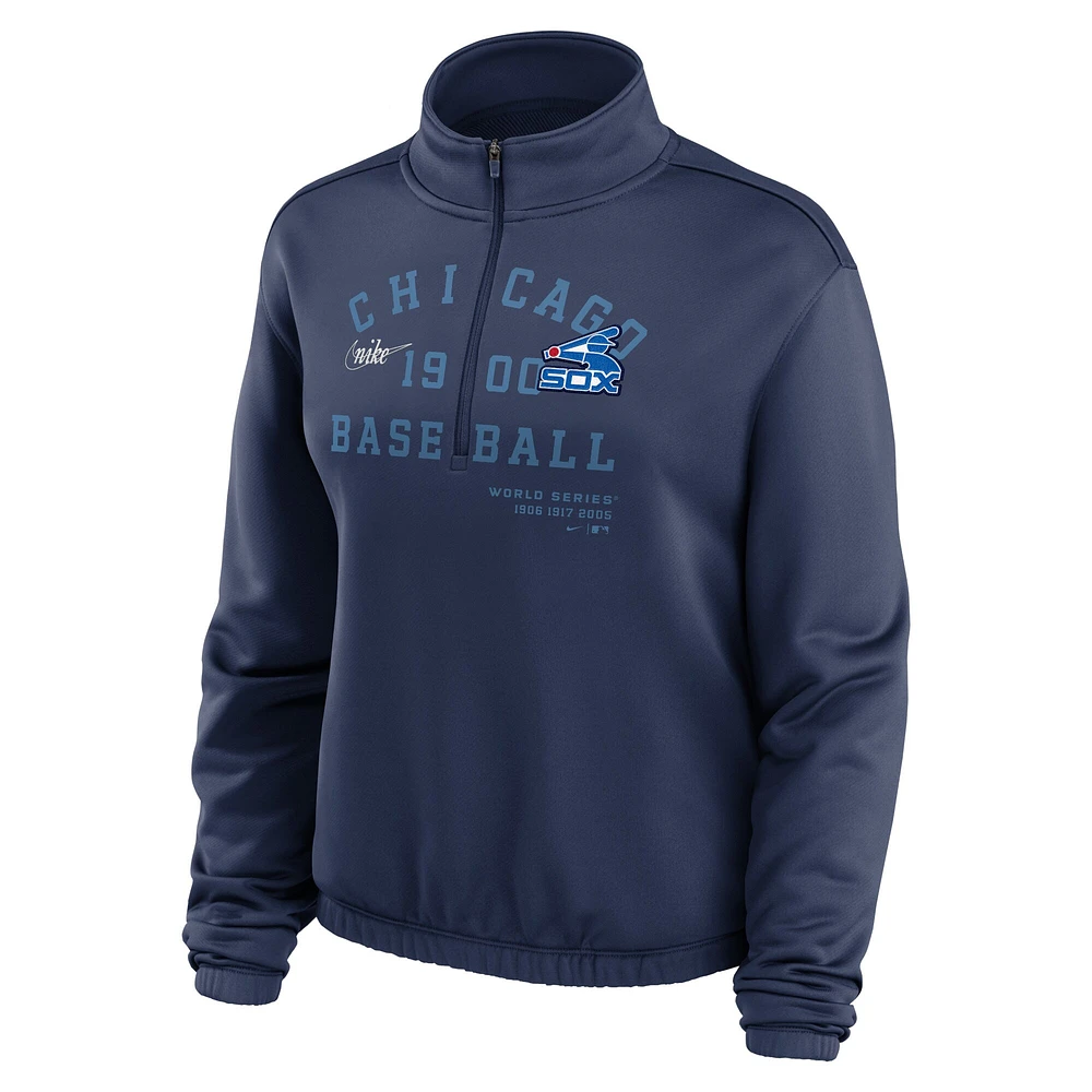 Sweat-shirt semi-court à demi-zip et ourlet bulle Nike pour femme, bleu marine, Chicago White Sox Rewind Splice