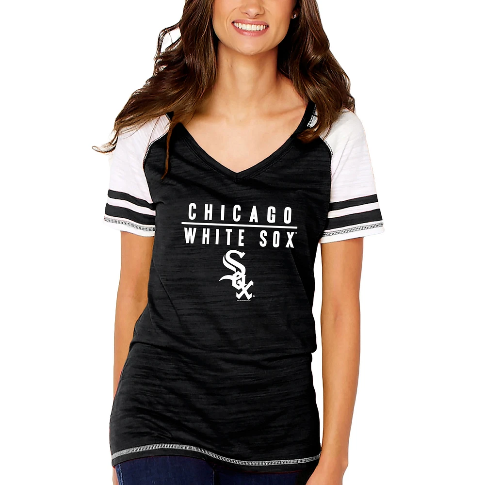 T-shirt à col en V pour femmes, doux comme un raisin, noir, Chicago White Sox, color block