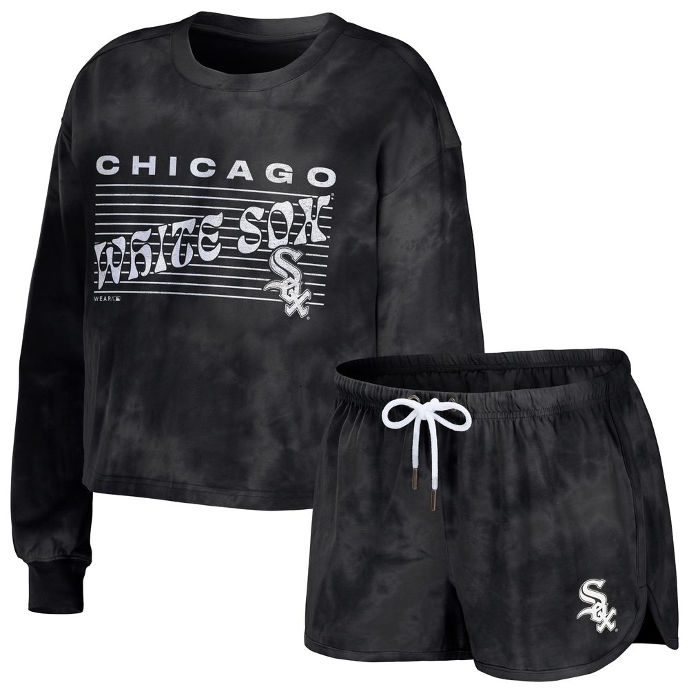 WEAR by Erin Andrews Women's WEAR by Erin Andrews Black Chicago White Sox  Tie-Dye Cropped Pullover Sweatshirt & Shorts Lounge Set