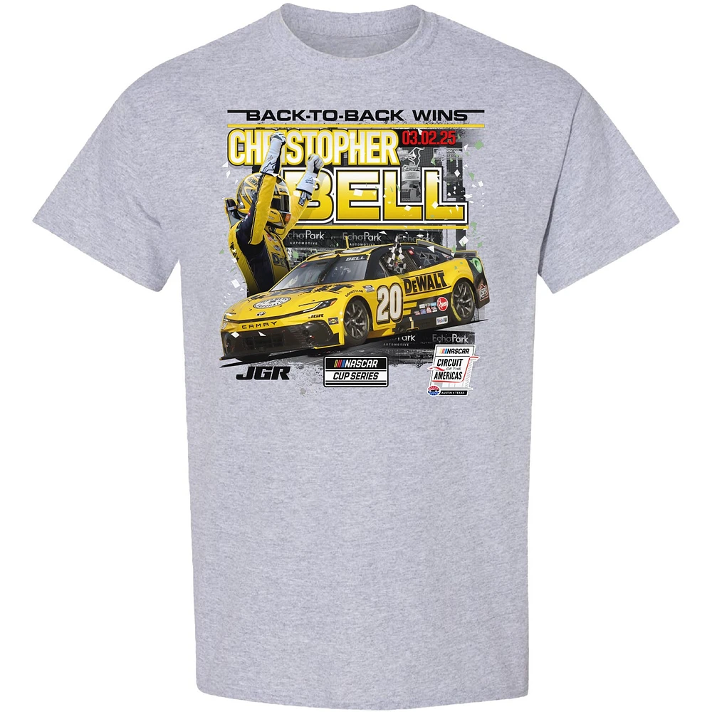 T-shirt à damier pour homme, gris chiné, victoire de la course du Grand Prix automobile EchoPark 2025 Christopher Bell