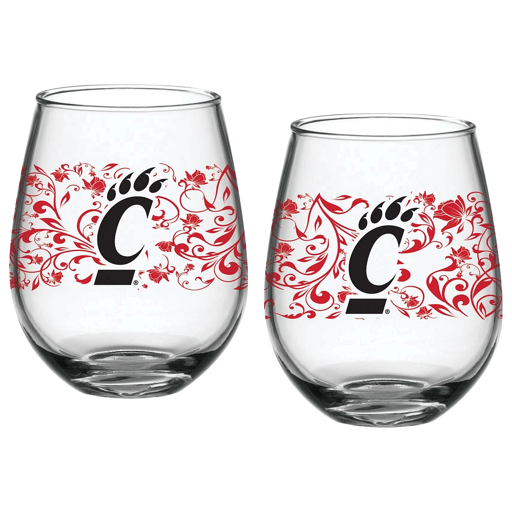 Pack de deux Bearcats de Cincinnati 15oz. Ensemble de verres floraux sans pied