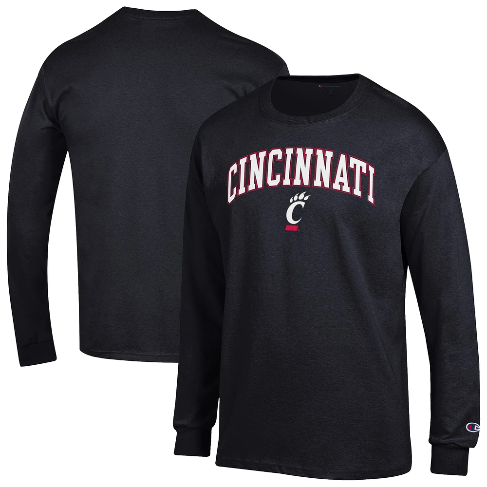 T-shirt à manches longues avec logo Arch Over Champion Black Cincinnati Bearcats pour homme