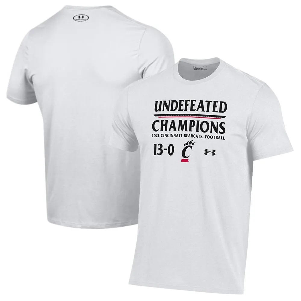 T-shirt Under Armour blanc Cincinnati Bearcats 2021 AAC Football Conference Champions invaincu pour homme