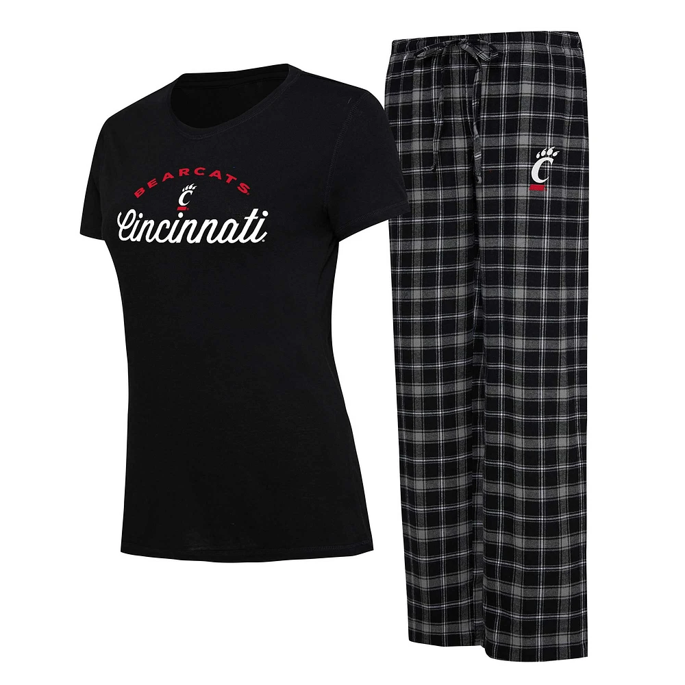 Ensemble de nuit Concepts Sport pour femmes, t-shirt et pantalon en flanelle, noir/gris, Cincinnati Bearcats Arctic