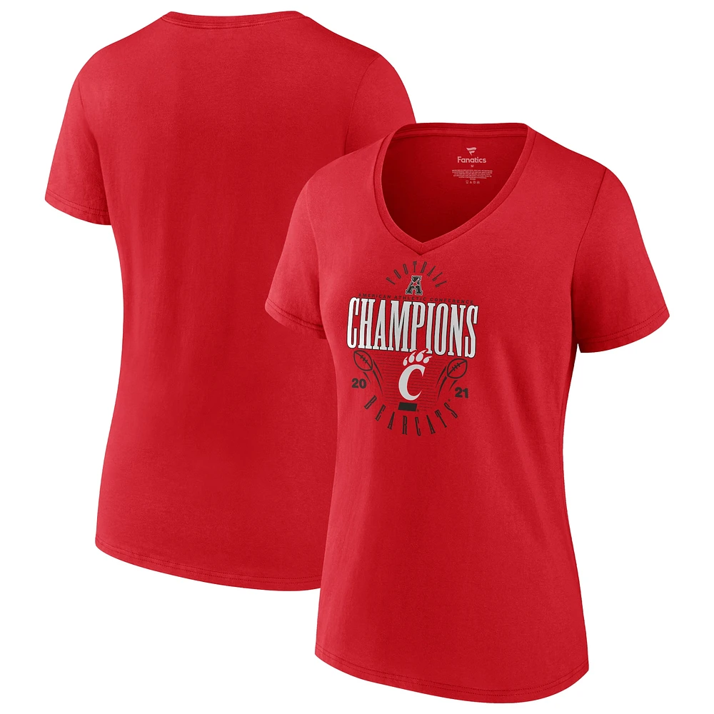 T-shirt à col en V pour femmes Fanatics Red Cincinnati Bearcats 2021 AAC Football Conference Champions