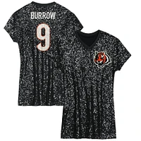 Robe à col en V sequins noire avec nom et numéro de joueur des Bengals Cincinnati Joe Burrow pour jeunes filles