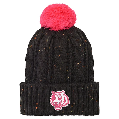 Bonnet tricoté à revers et pompon en fil nep noir pour filles et jeunes Cincinnati Bengals