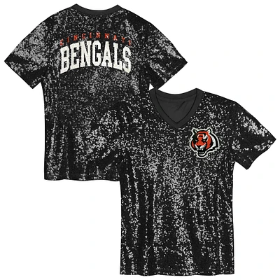 Haut noir à col en V et sequins avec inscription Cincinnati Bengals pour filles