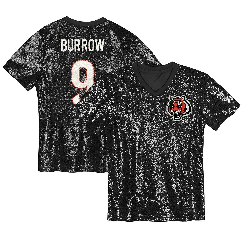 Maillot à col en V sequins noir Joe Burrow pour jeunes filles des Bengals de Cincinnati