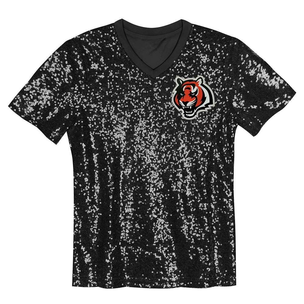 Maillot à col en V sequins noir Joe Burrow pour jeunes filles des Bengals de Cincinnati