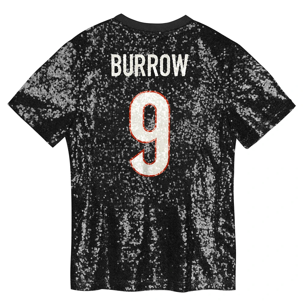 Maillot à col en V sequins noir Joe Burrow pour jeunes filles des Bengals de Cincinnati