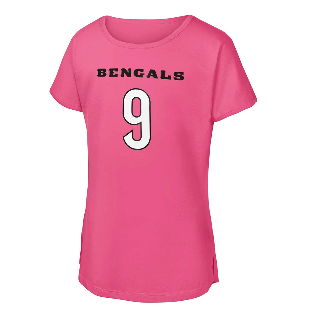 T-shirt rose avec nom et numéro de joueur des Bengals Cincinnati Joe Burrow pour jeunes filles