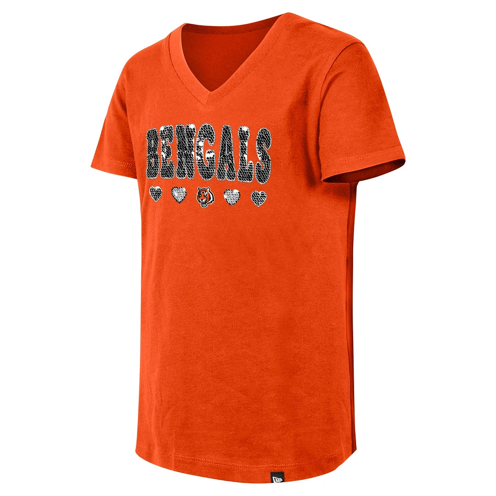 Girls Youth New Era Orange Cincinnati Bengals Flip Sequin V-Neck T-Shirt