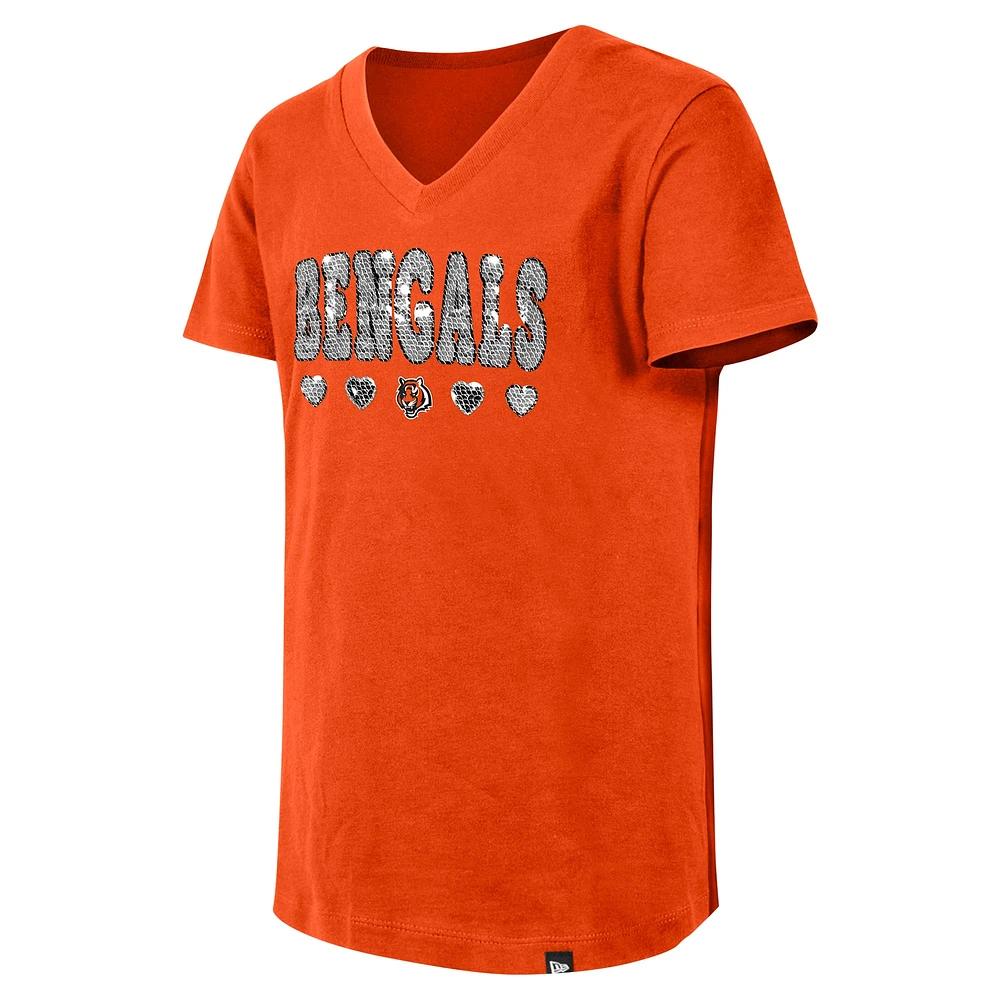 Girls Youth New Era Orange Cincinnati Bengals Flip Sequin V-Neck T-Shirt