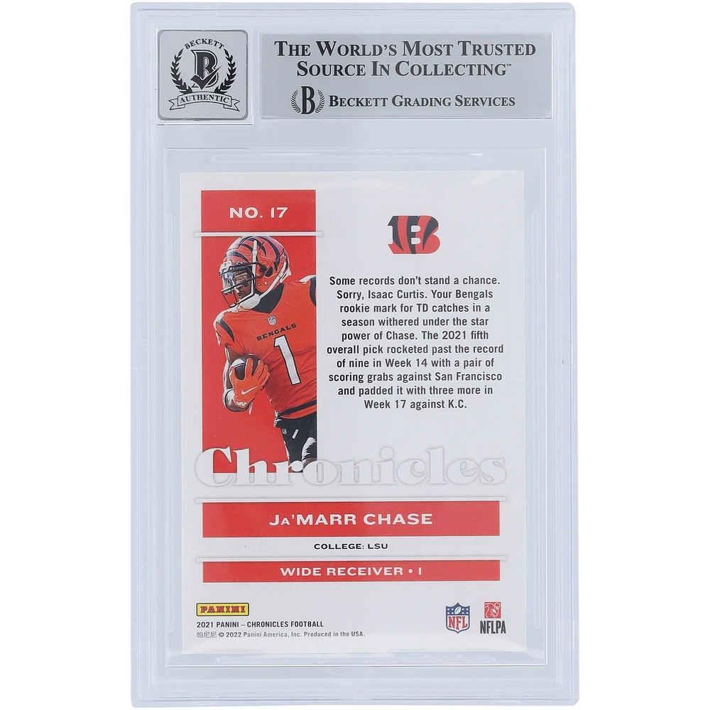 Ja'Marr Chase Cincinnati Bengals Carte de recrue 9/10 authentifiée autographiée 2021 Panini Chronicles #17 Beckett Fanatics Witnessed
