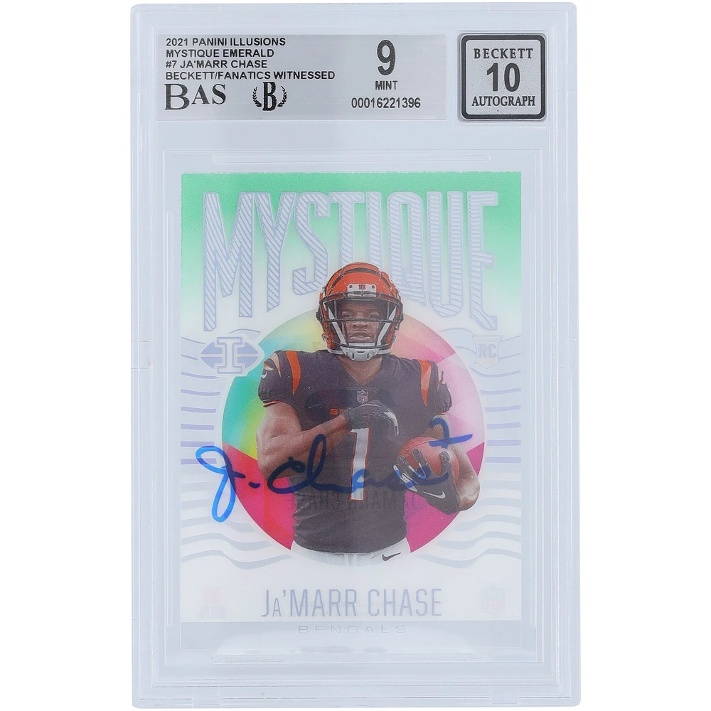 Carte de recrue 9/10 authentifiée 2021 Panini Illusions Mystique #MY-7 Beckett Fanatics Witnessed Authenticated 9/10 Rookie Card de Ja'Marr Chase Cincinnati Bengals