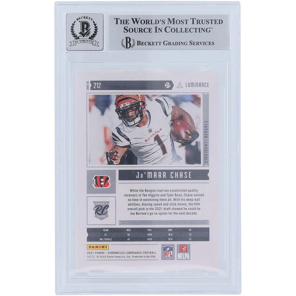 Carte de recrue 9/10 authentifiée signée Ja'Marr Chase Cincinnati Bengals Panini Luminance #212 Beckett Fanatics Witnessed 2021