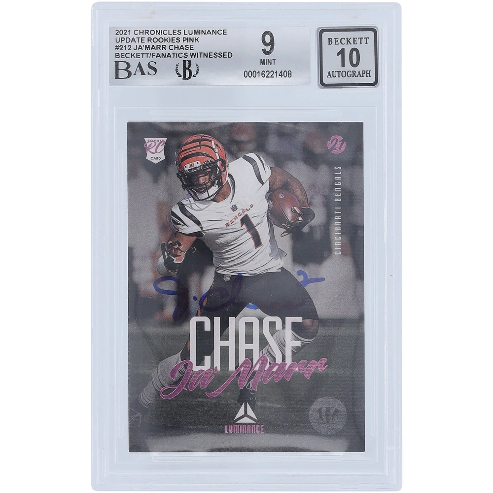 Carte de recrue 9/10 authentifiée 2021 Panini Luminance Pink #212 Beckett Fanatics Witnessed de Ja'Marr Chase Cincinnati Bengals