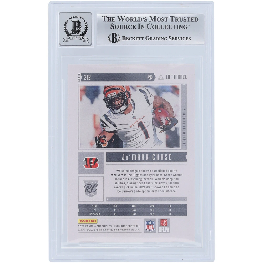 Carte de recrue 9/10 authentifiée 2021 Panini Luminance Pink #212 Beckett Fanatics Witnessed de Ja'Marr Chase Cincinnati Bengals