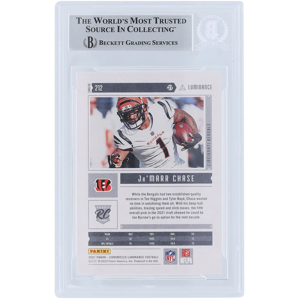 Ja'Marr Chase Cincinnati Bengals Autographié 2021 Panini Luminance Mise à jour #212 Beckett Fanatics Witnessed Rookie Card Authentifié
