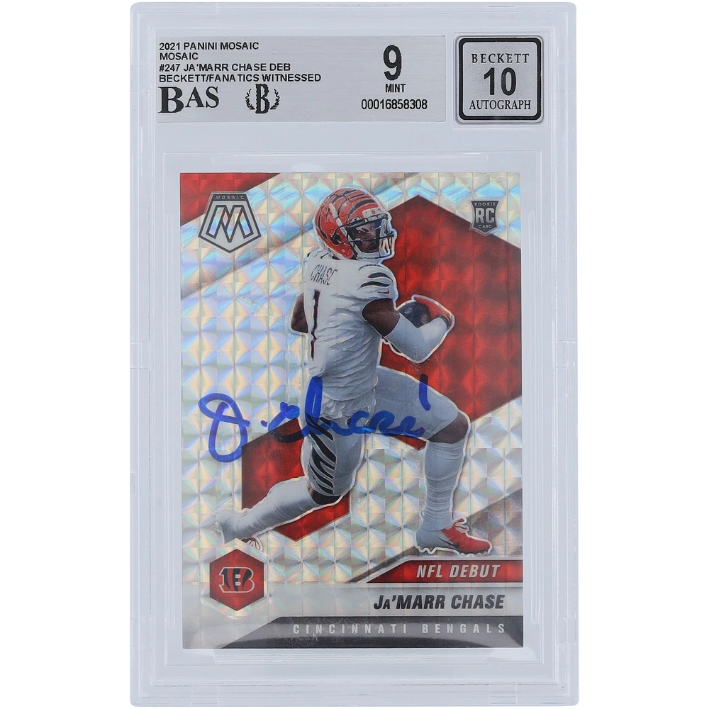 Ja'Marr Chase Cincinnati Bengals dédicacé 2021 Panini Mosaic Mosaic Prizm #247 Beckett Fanatics témoin authentifié 9/10 Rookie Card