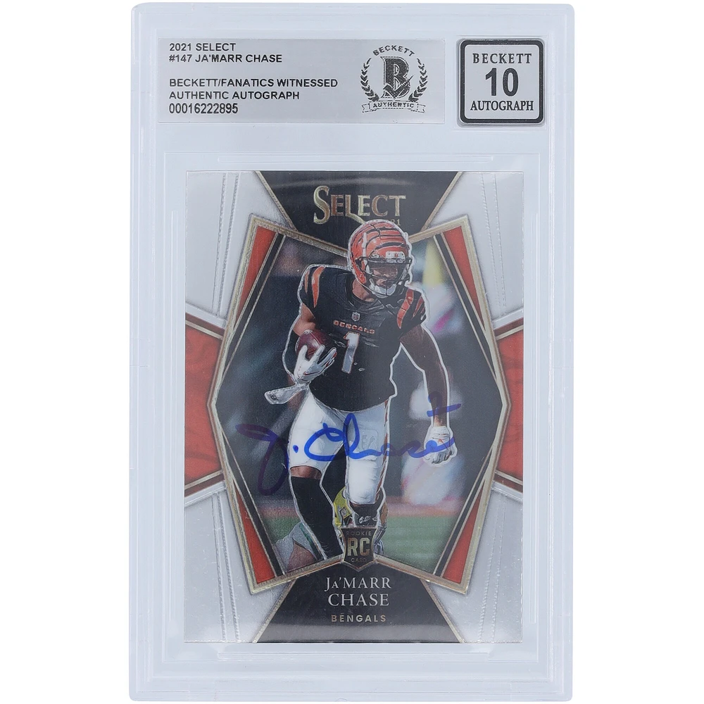 Carte de recrue Panini Select #147 Beckett 2021 autographiée par Ja'Marr Chase Cincinnati Bengals, carte de recrue authentifiée et témoin des fanatiques de Beckett