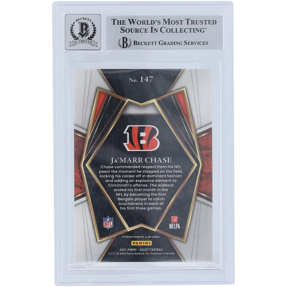 Carte de recrue Panini Select #147 Beckett 2021 autographiée par Ja'Marr Chase Cincinnati Bengals, carte de recrue authentifiée et témoin des fanatiques de Beckett