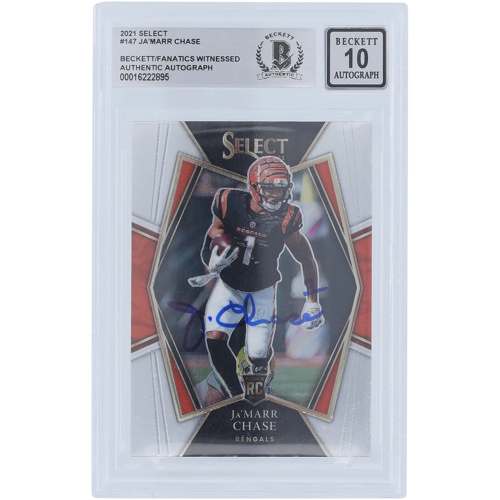 Carte de recrue Panini Select #147 Beckett 2021 autographiée par Ja'Marr Chase Cincinnati Bengals, carte de recrue authentifiée et témoin des fanatiques de Beckett