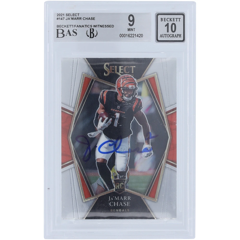 Carte de recrue 9/10 authentifiée 2021 Panini Select #147 Beckett Fanatics Witnessed Ja'Marr Chase Cincinnati Bengals