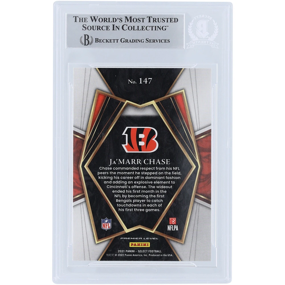 Carte de recrue authentifiée signée Ja'Marr Chase Cincinnati Bengals 2021 Panini Select #147 Beckett Fanatics avec l'inscription « Who Dey »