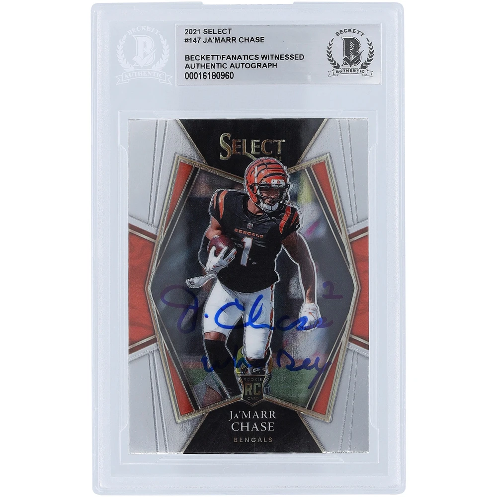 Carte de recrue authentifiée signée Ja'Marr Chase Cincinnati Bengals 2021 Panini Select #147 Beckett Fanatics avec l'inscription « Who Dey »