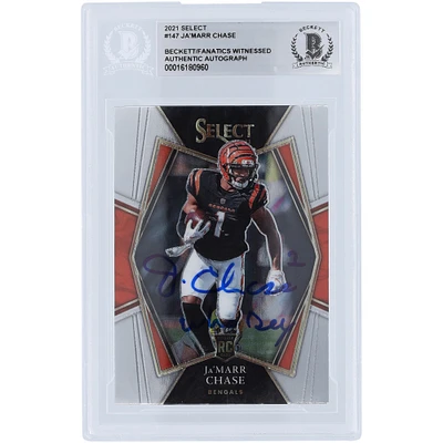 Carte de recrue authentifiée signée Ja'Marr Chase Cincinnati Bengals 2021 Panini Select #147 Beckett Fanatics avec l'inscription « Who Dey »