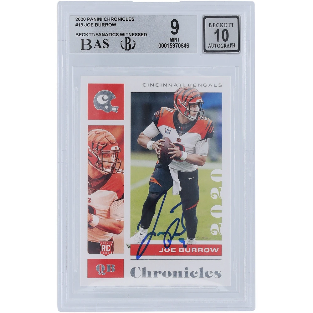 Carte de recrue 9/10 authentifiée 2020 Panini Chronicles #19 Beckett dédicacée par Joe Burrow Cincinnati Bengals - Sous-grades 8.5,9.5,9.5,9.5