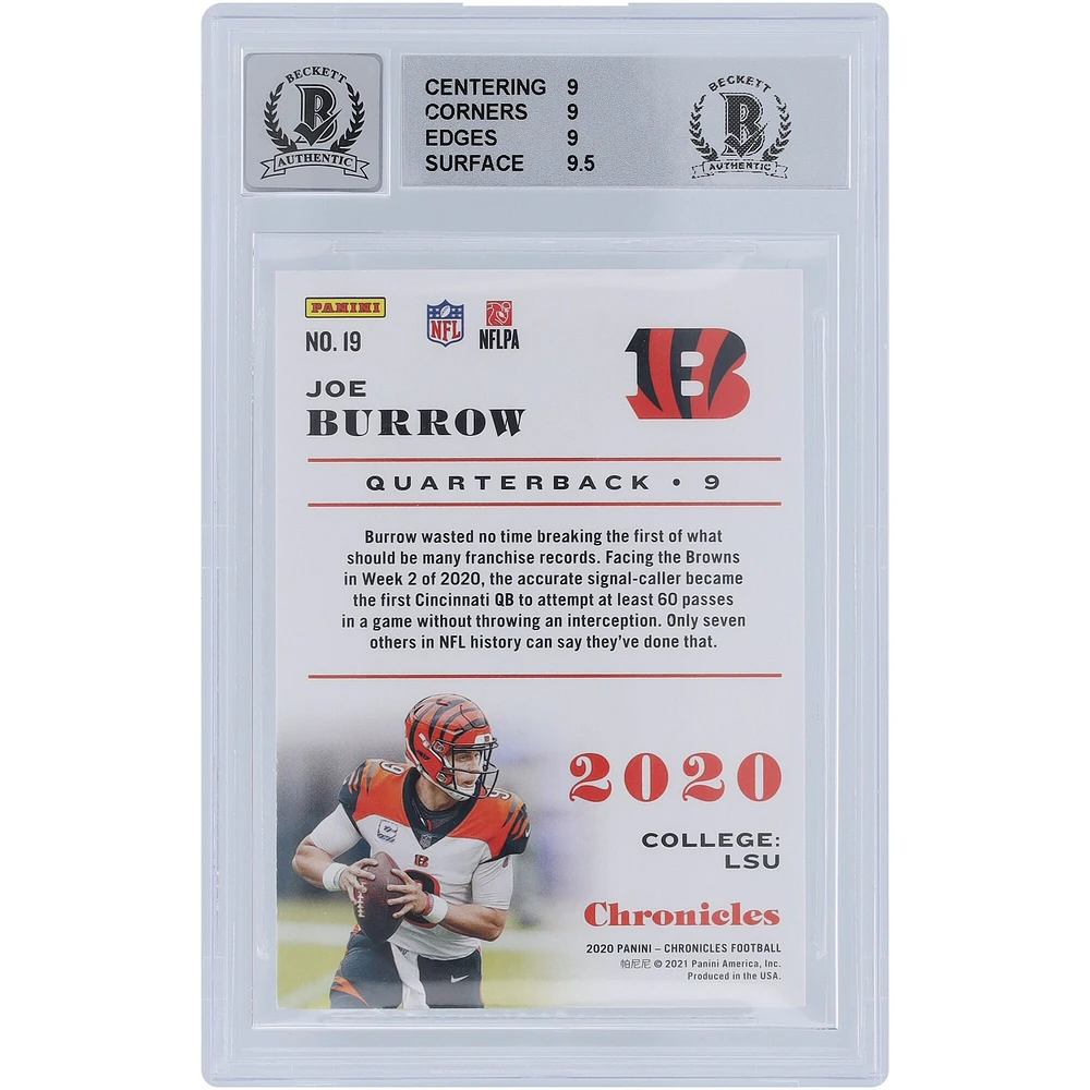 Carte de recrue 9/10 authentifiée 2020 Panini Chronicles Teal #19 Beckett Fanatics signée Joe Burrow Cincinnati Bengals - Sous-grades 9,9,9,9.5