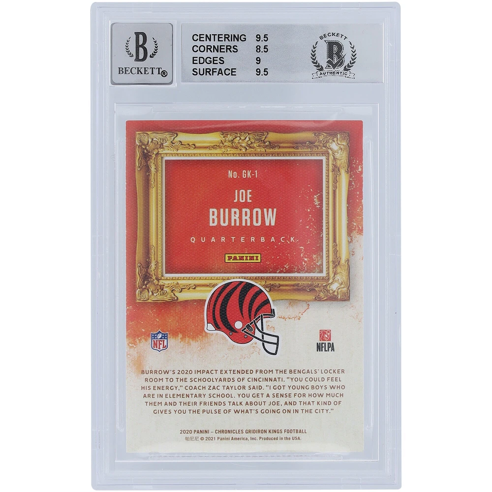 Carte de recrue 9/10 authentifiée 2020 Panini Gridiron Kings #GK-1 Beckett Fanatics autographiée par Joe Burrow Cincinnati Bengals - Sous-grades 9.5,8.5,9,9.5