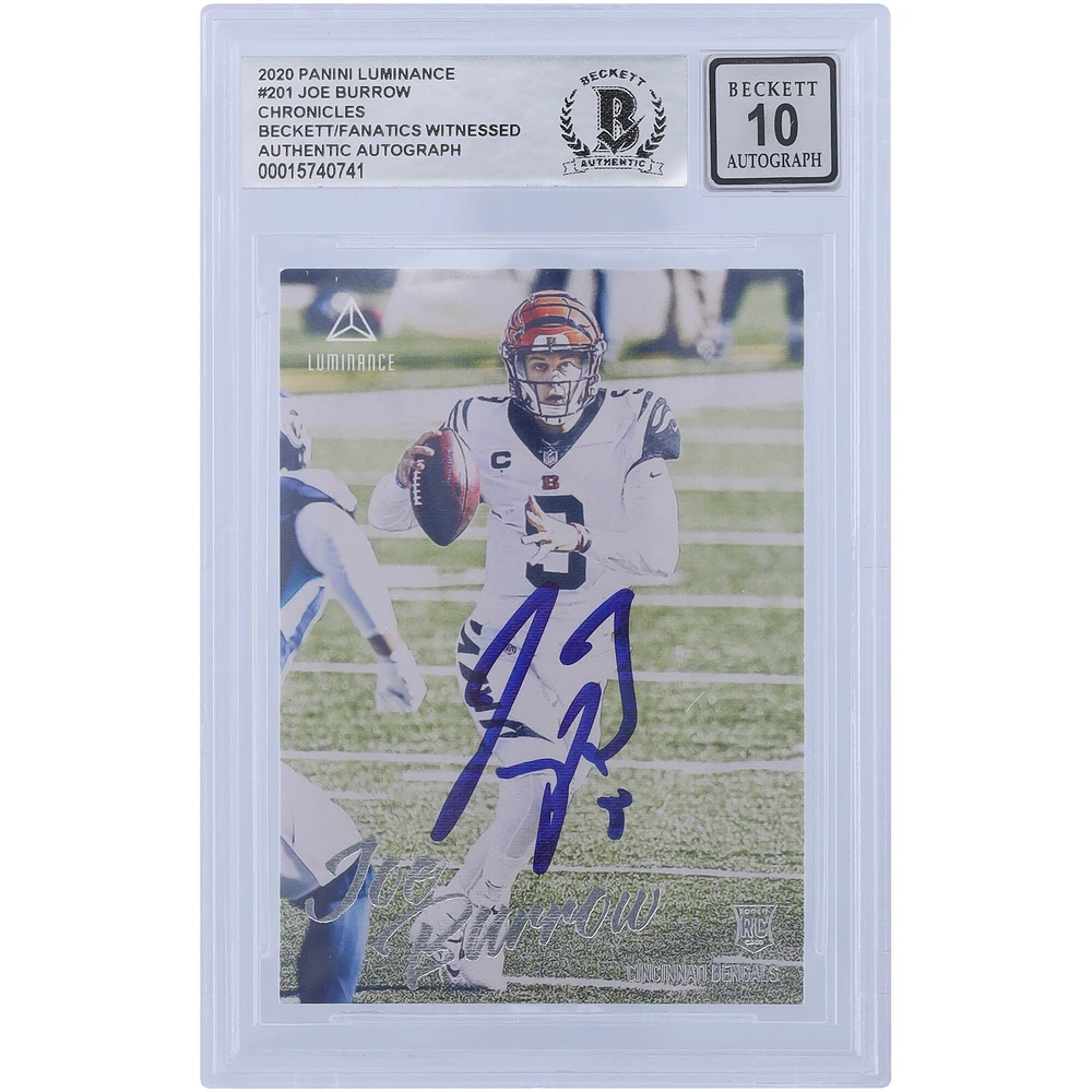 Carte de recrue Panini Luminance #201 autographiée 2020 de Joe Burrow Cincinnati Bengals, témoin des fanatiques de Beckett, authentifiée 10
