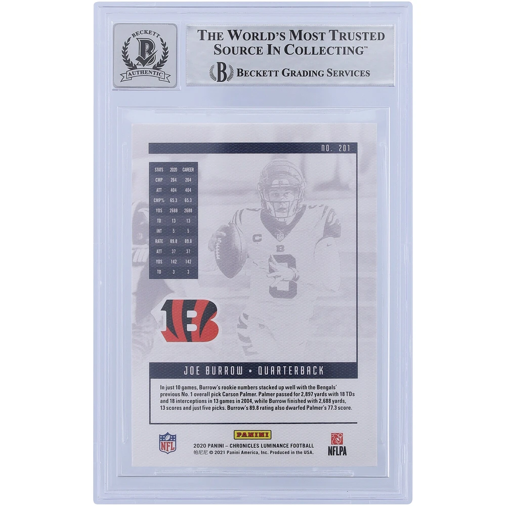 Carte de recrue Panini Luminance #201 autographiée 2020 de Joe Burrow Cincinnati Bengals, témoin des fanatiques de Beckett, authentifiée 10
