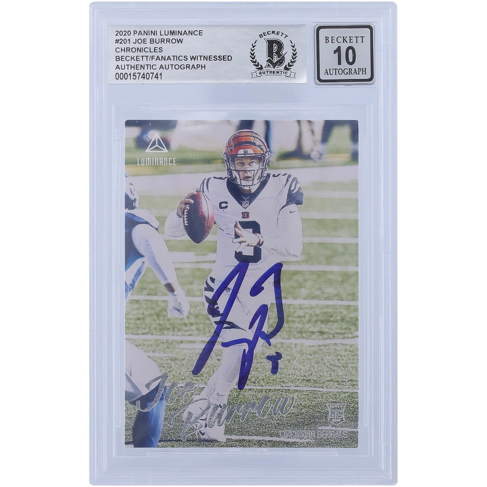 Carte de recrue Panini Luminance #201 autographiée 2020 de Joe Burrow Cincinnati Bengals, témoin des fanatiques de Beckett, authentifiée 10