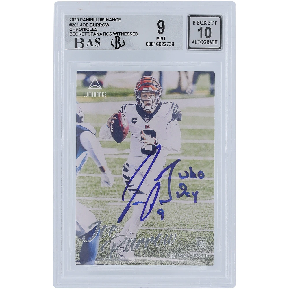Carte de recrue 9/10 authentifiée 2020 Panini Luminance #201 Beckett Fanatics Witnessed avec inscription « Who Dey » - Sous-grades 10, 8,5, 9,5, 9,5