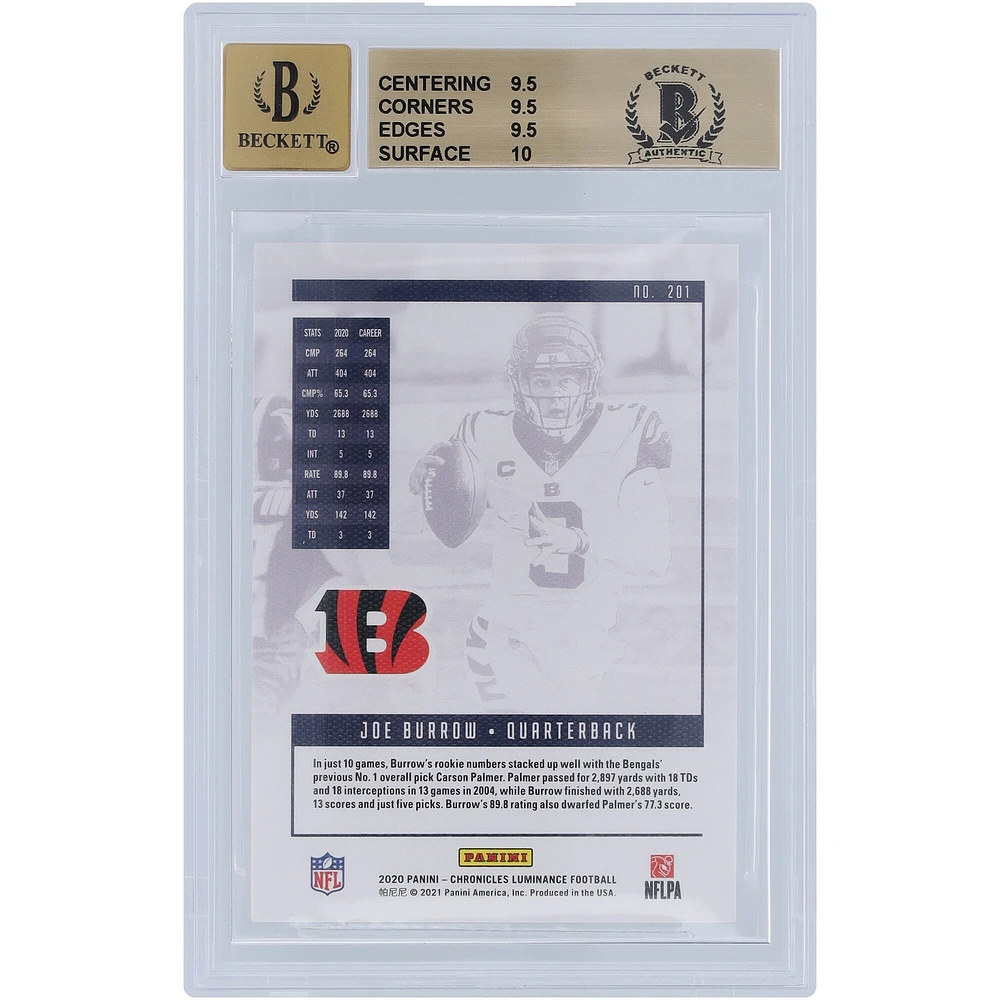 Carte recrue autographiée Panini Luminance #201 Beckett 2020 des Bengals de Cincinnati dédicacée par Joe Burrow, témoin des fanatiques de Beckett, authentifiée 9,5/10 - Sous-grades 9,5, 9,5, 9,5, 10