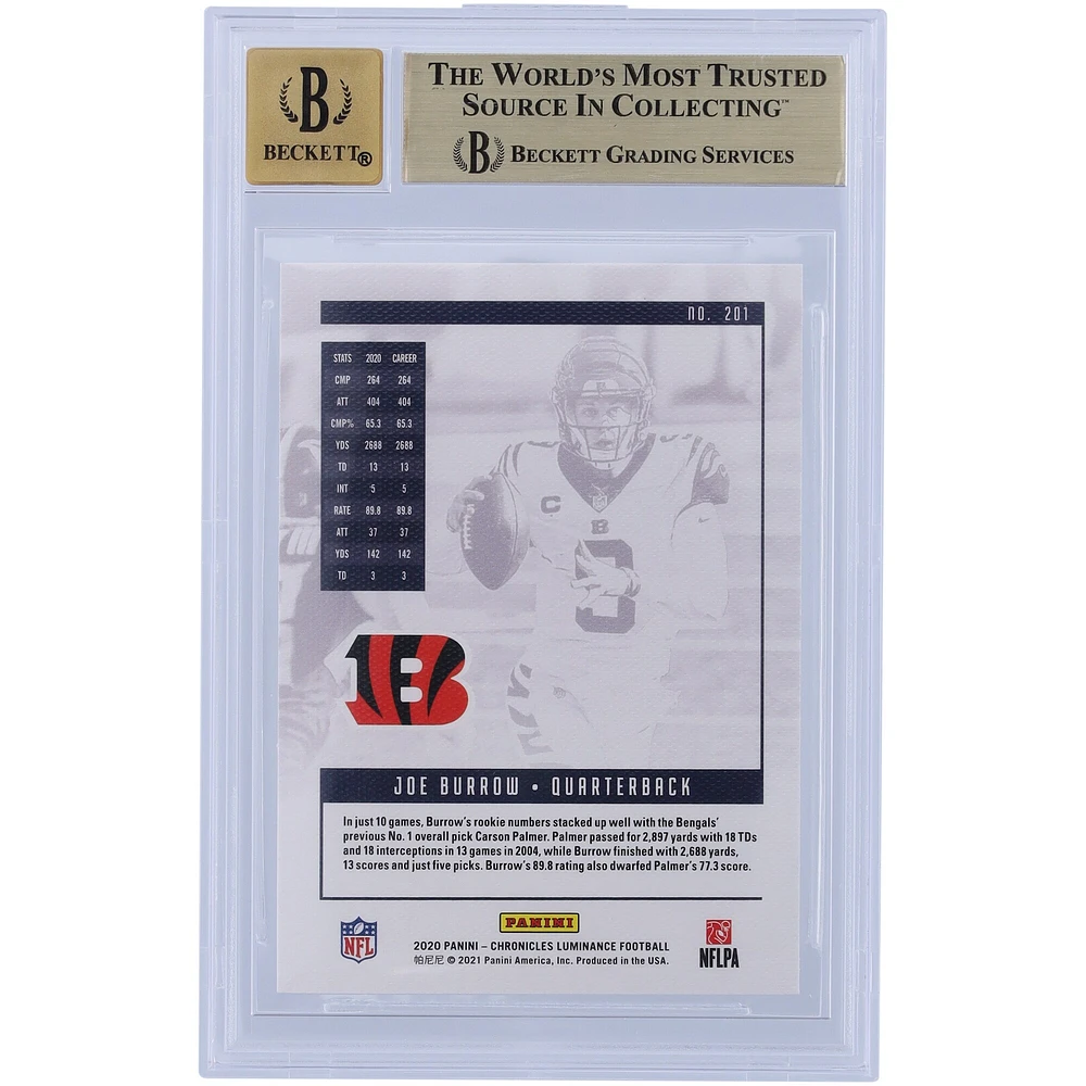 Carte de recrue Panini Luminance #201 Beckett 2020 autographiée par Joe Burrow Cincinnati Bengals, carte authentifiée 9,5/10
