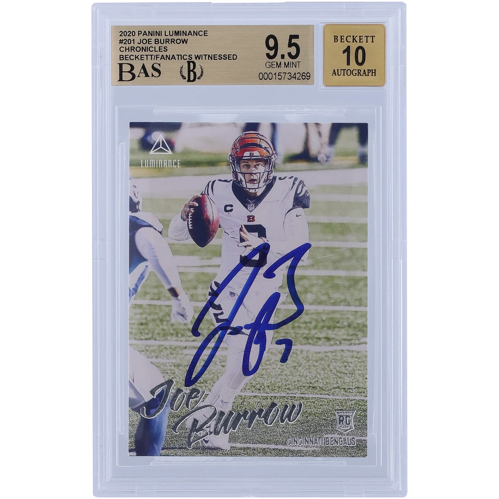 Carte de recrue Panini Luminance #201 Beckett 2020 autographiée par Joe Burrow Cincinnati Bengals, carte authentifiée 9,5/10