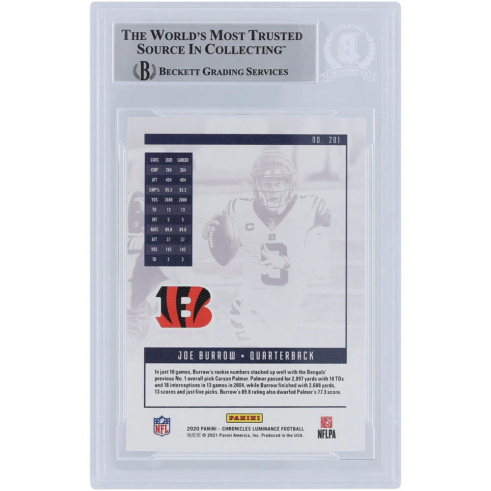 Carte de recrue authentifiée signée Joe Burrow Cincinnati Bengals 2020 Panini Luminance #201 Beckett Fanatics avec l'inscription « Who Dey »
