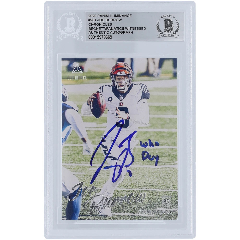 Carte de recrue authentifiée signée Joe Burrow Cincinnati Bengals 2020 Panini Luminance #201 Beckett Fanatics avec l'inscription « Who Dey »