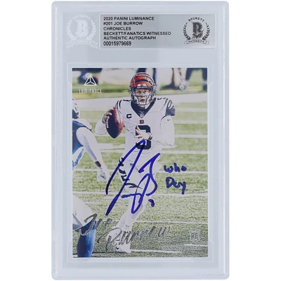 Carte de recrue authentifiée signée Joe Burrow Cincinnati Bengals 2020 Panini Luminance #201 Beckett Fanatics avec l'inscription « Who Dey »